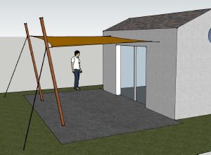 Toile d'ombrage avec 2 fixations murales et 2 mâts haubanés